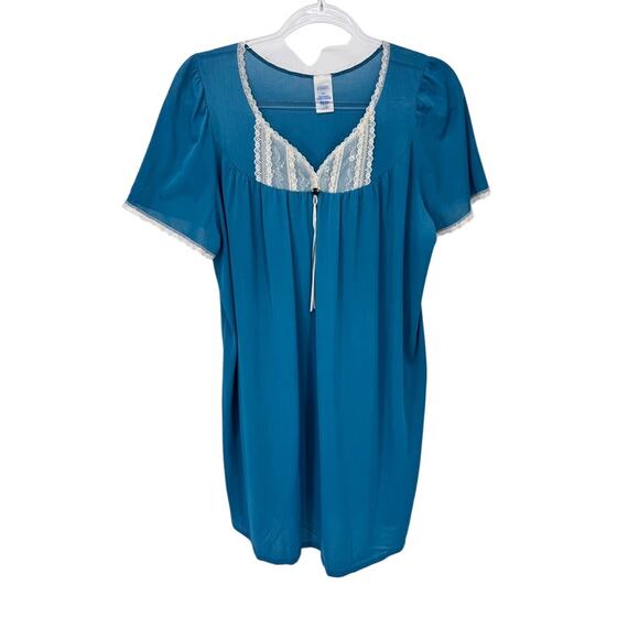 Vintage Classic Elements Nightgown Womens Medium Blue Satin Nylon Lace Trim‎ - Picture 1 of 8